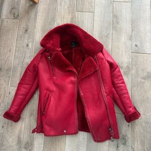 Bershka Red Faux Leather Jacket with Plush Lining
